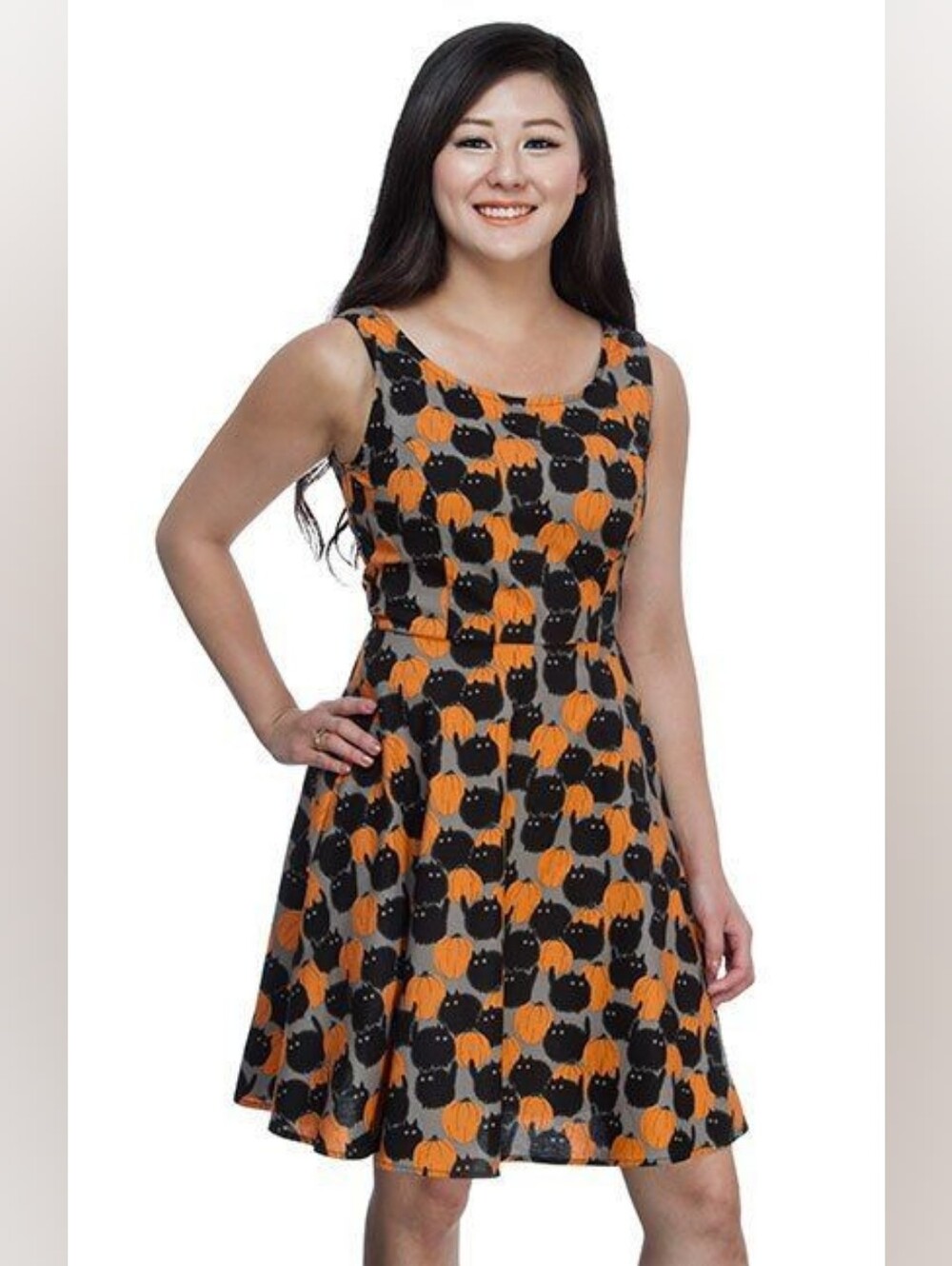 Retrolicous Spooktacular Pumpkin and Cat Print Dress Size 1X - Picture 2 of 12